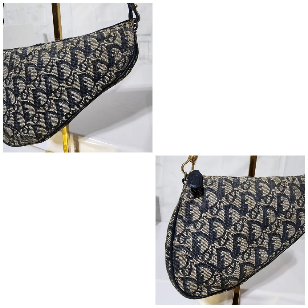 Christian Dior Vintage Oblique Canvas and Leather Saddle Pochette Bag Navy Blue/ - Picture 7 of 13